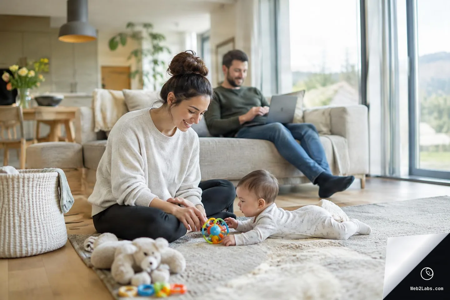 Woman sitting on a rug smiling and playing with a baby who is lying on their tummy and reaching for a colorful ball, while a man sits on a sofa in the background using a laptop in a bright modern living room with large windows.