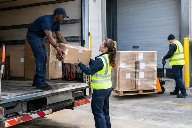 Workers Unloading Boxes at Dock