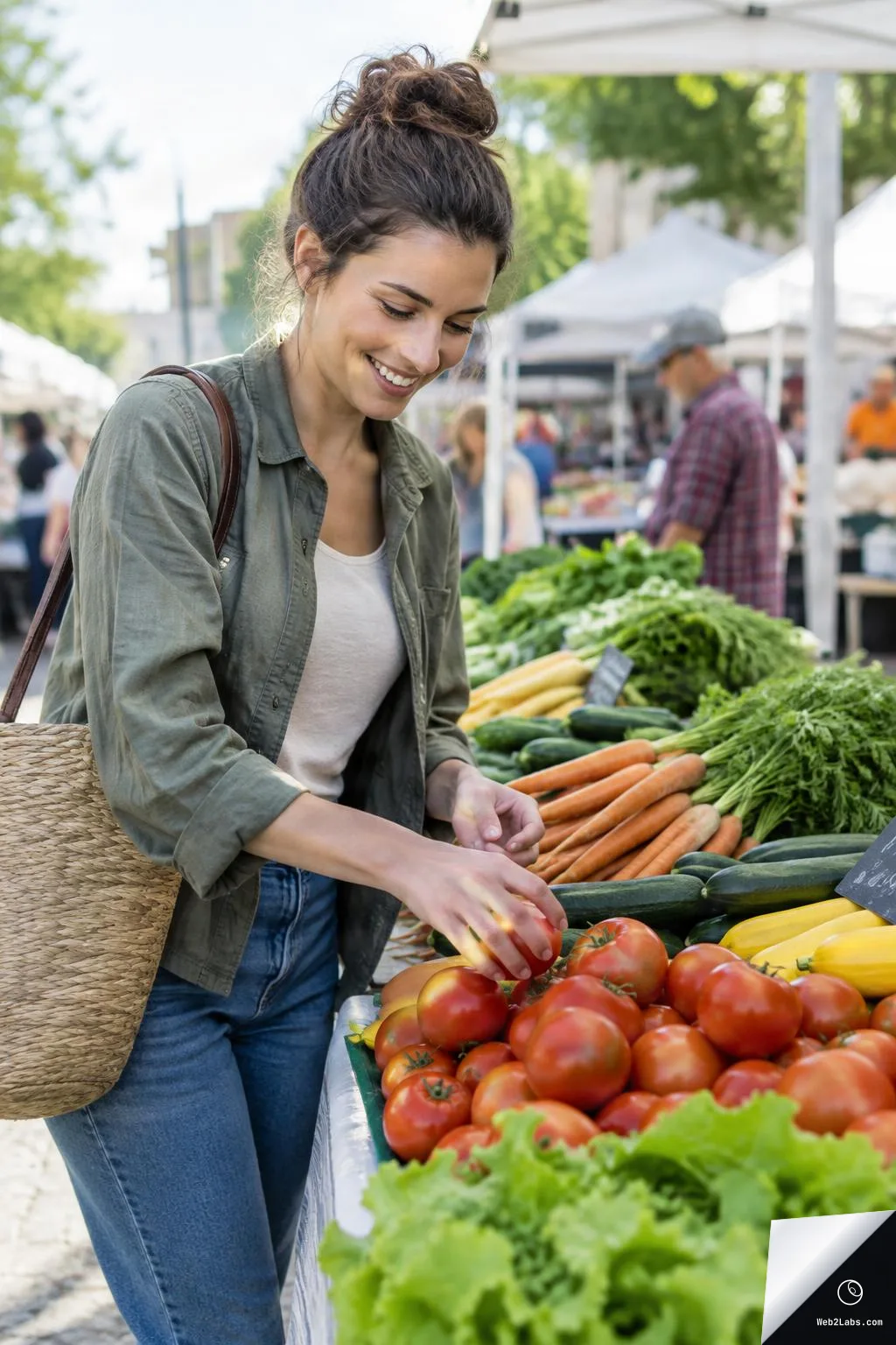 Smiling woman with a straw tote bag picks up a tomato from a market table piled with tomatoes, cucumbers, carrots, squash, and leafy greens under white canopy tents.