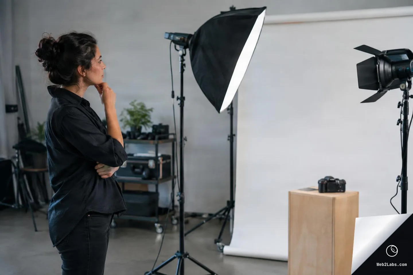 A photographer stands in a studio with hand on chin, evaluating a softbox and a second light aimed toward a white seamless backdrop; a camera sits on a wooden box in the foreground.