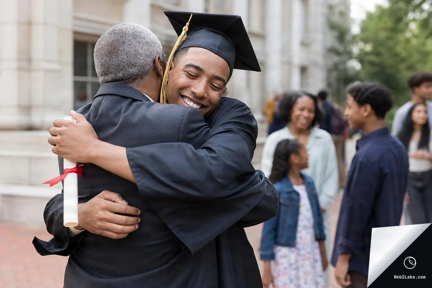 Young graduate in black cap and gown hugs an older man while holding a rolled diploma with a red ribbon outside a school building, with family members blurred in the background.