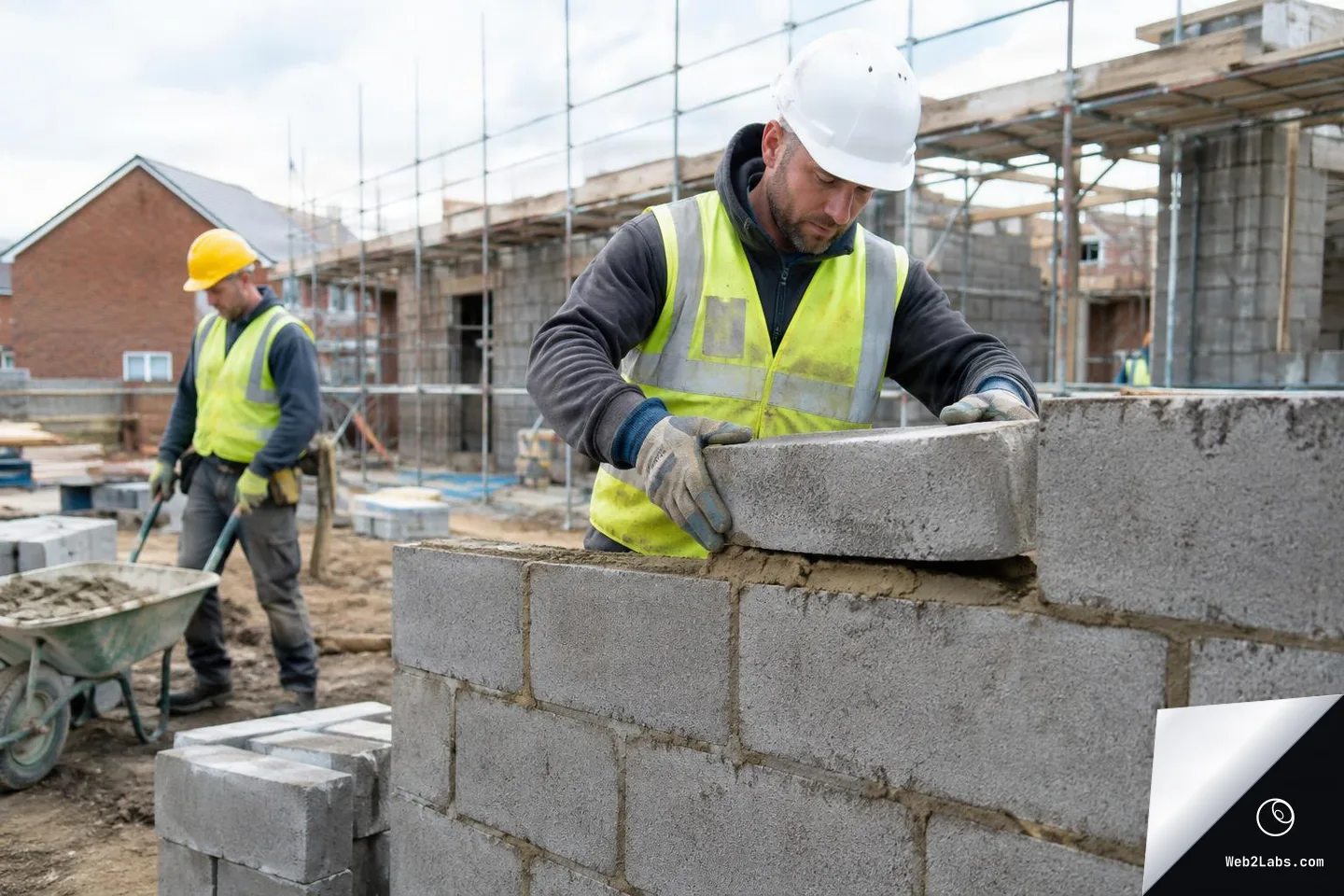 Construction worker in a hard hat and hi-vis vest sets a concrete block on a mortar layer while another worker and scaffolding are visible behind him at a building site.