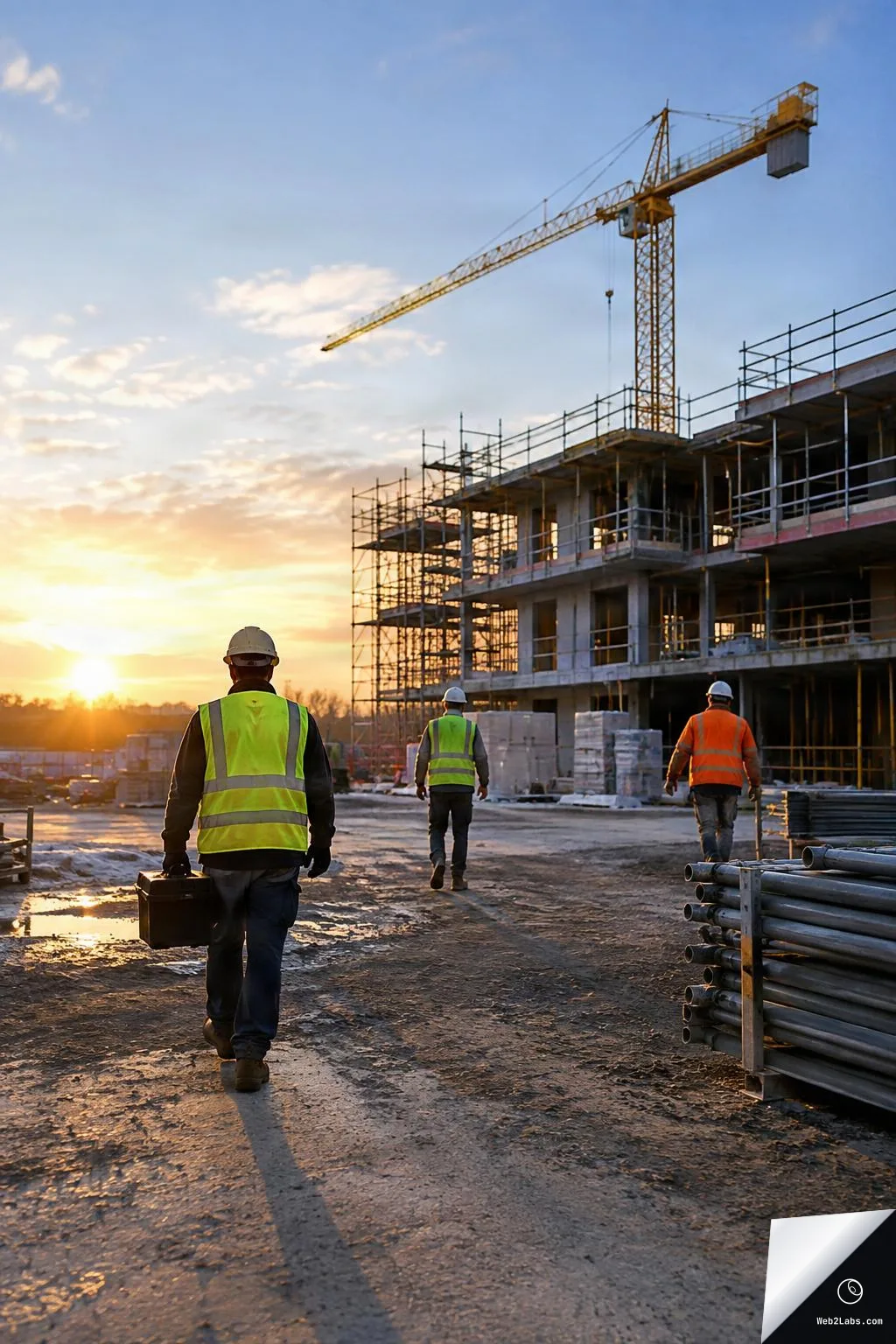 Three construction workers in hard hats and high-visibility vests walk along a muddy access road toward a scaffolded building under construction, with a tower crane overhead at sunset and stacked metal pipes in the foreground.