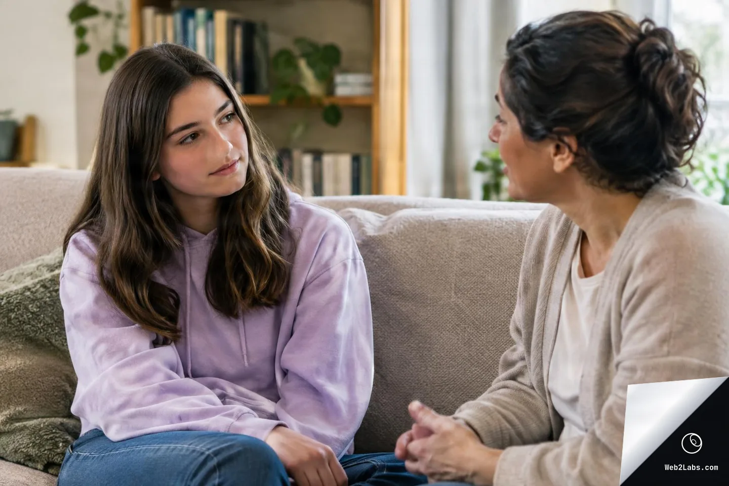 Teenage girl in a purple hoodie sits on a couch looking at an older woman who is speaking, in a bright living room with a bookshelf in the background.