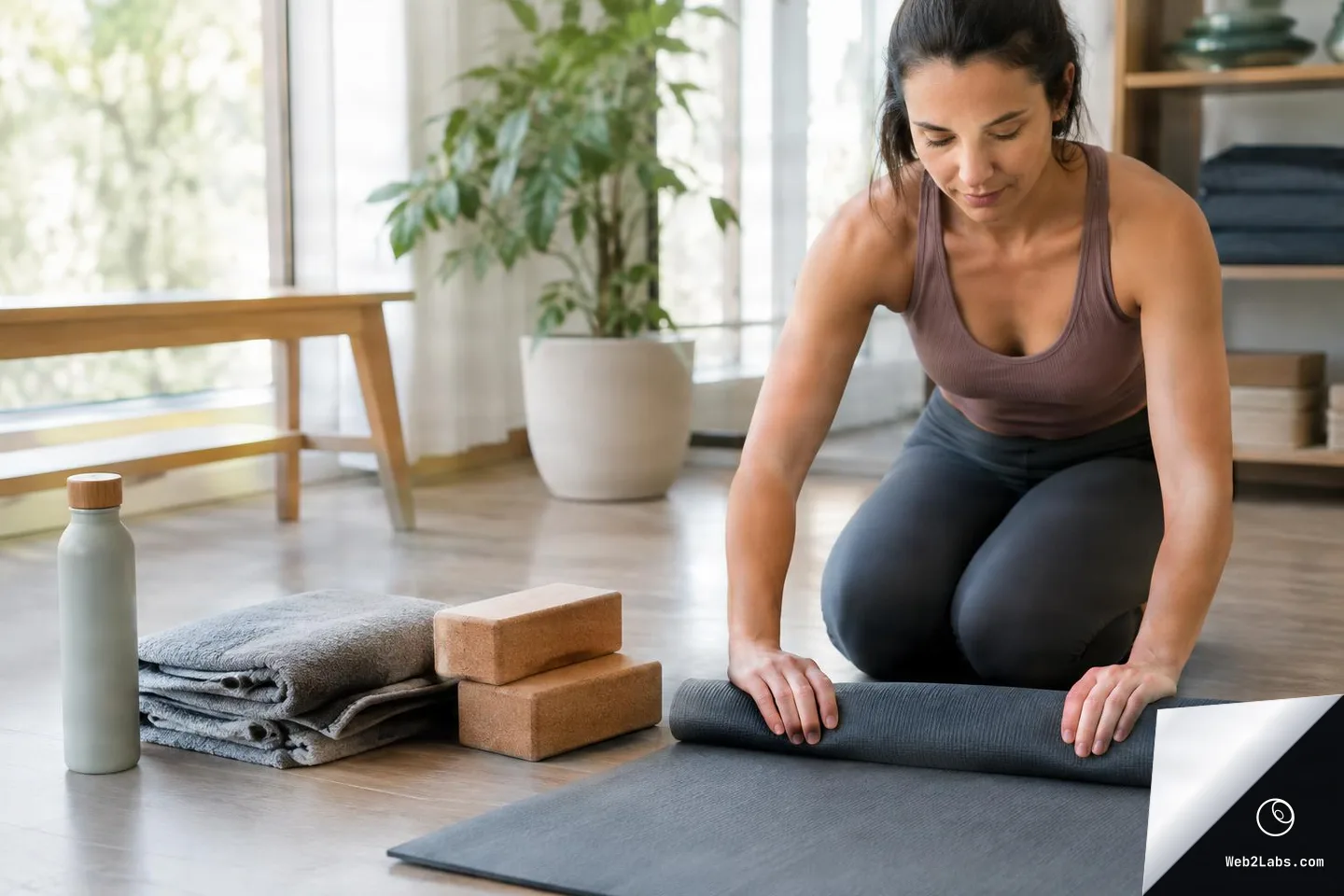 Woman kneeling on a wooden floor rolling out a dark yoga mat, with two cork yoga blocks, folded towels, and a reusable water bottle nearby in a sunlit room with plants and shelving.