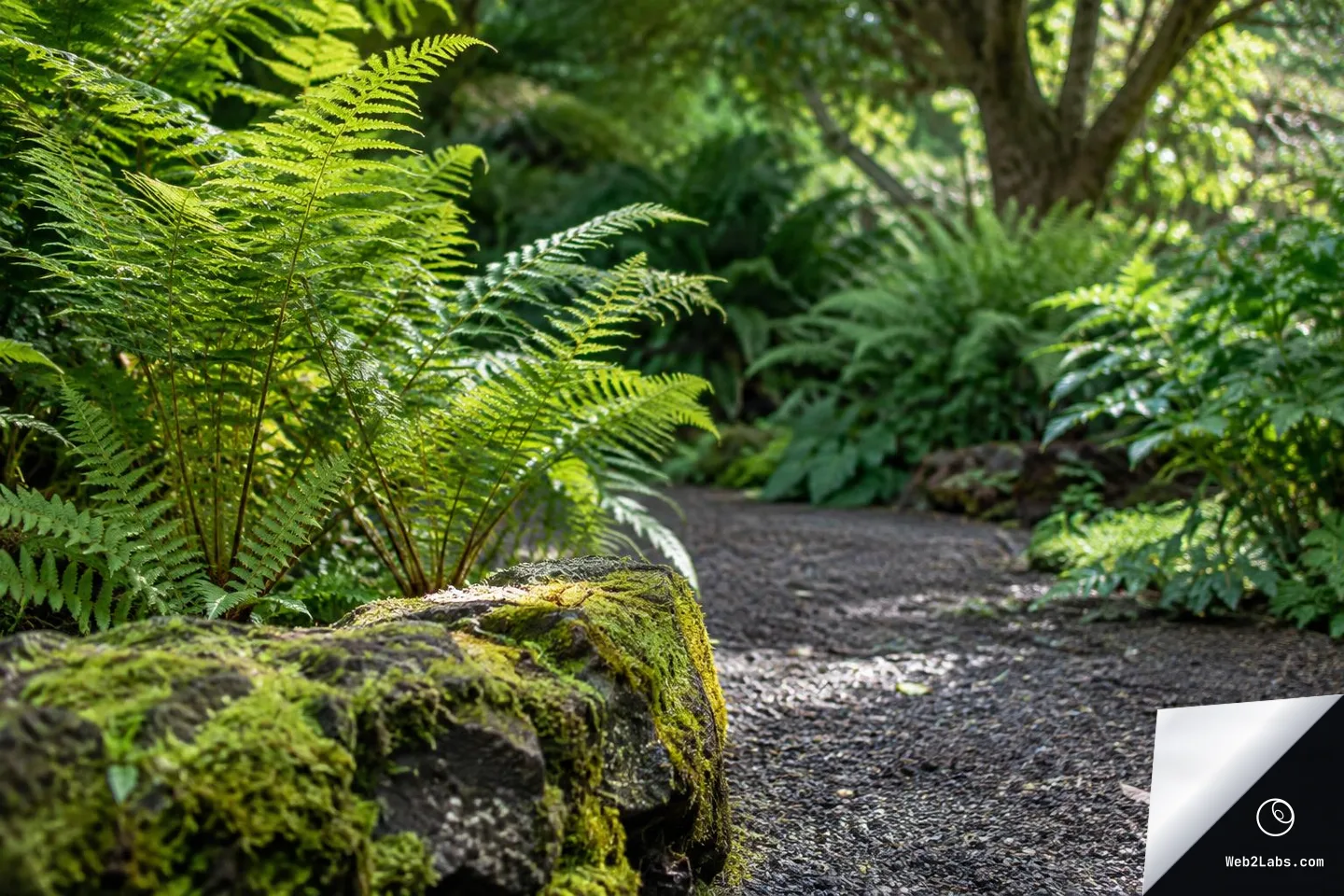 Low-angle view of a gravel garden path curving through dense ferns, with a moss-covered rock in the foreground and trees softly blurred in the background under dappled sunlight.