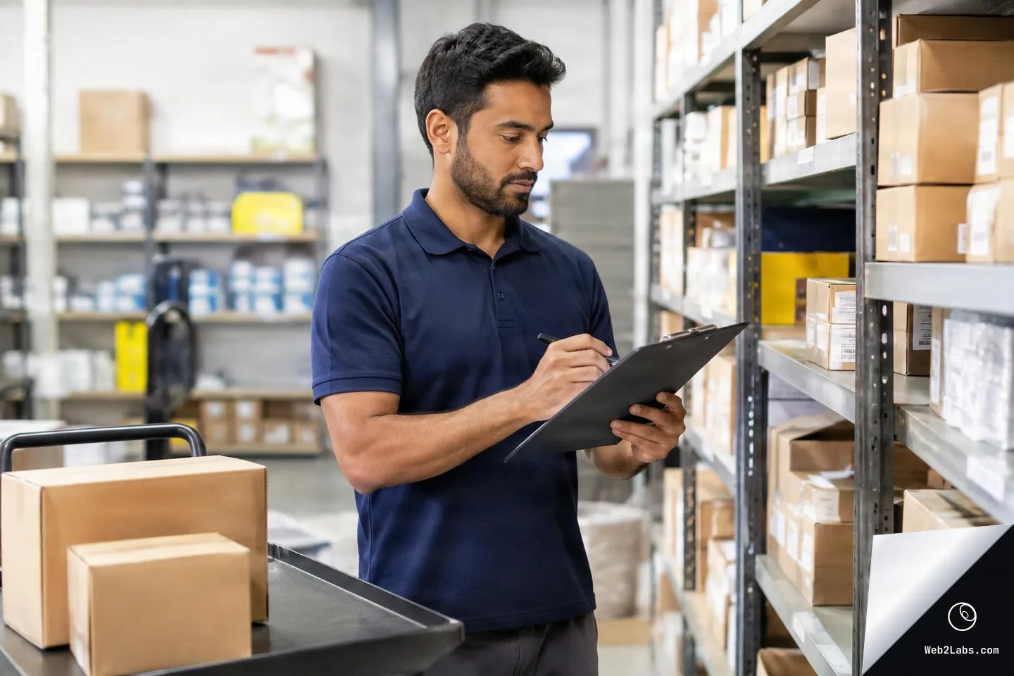 Man in a warehouse aisle checks boxed inventory on metal shelves while writing on a clipboard, with shipping boxes on a nearby cart.