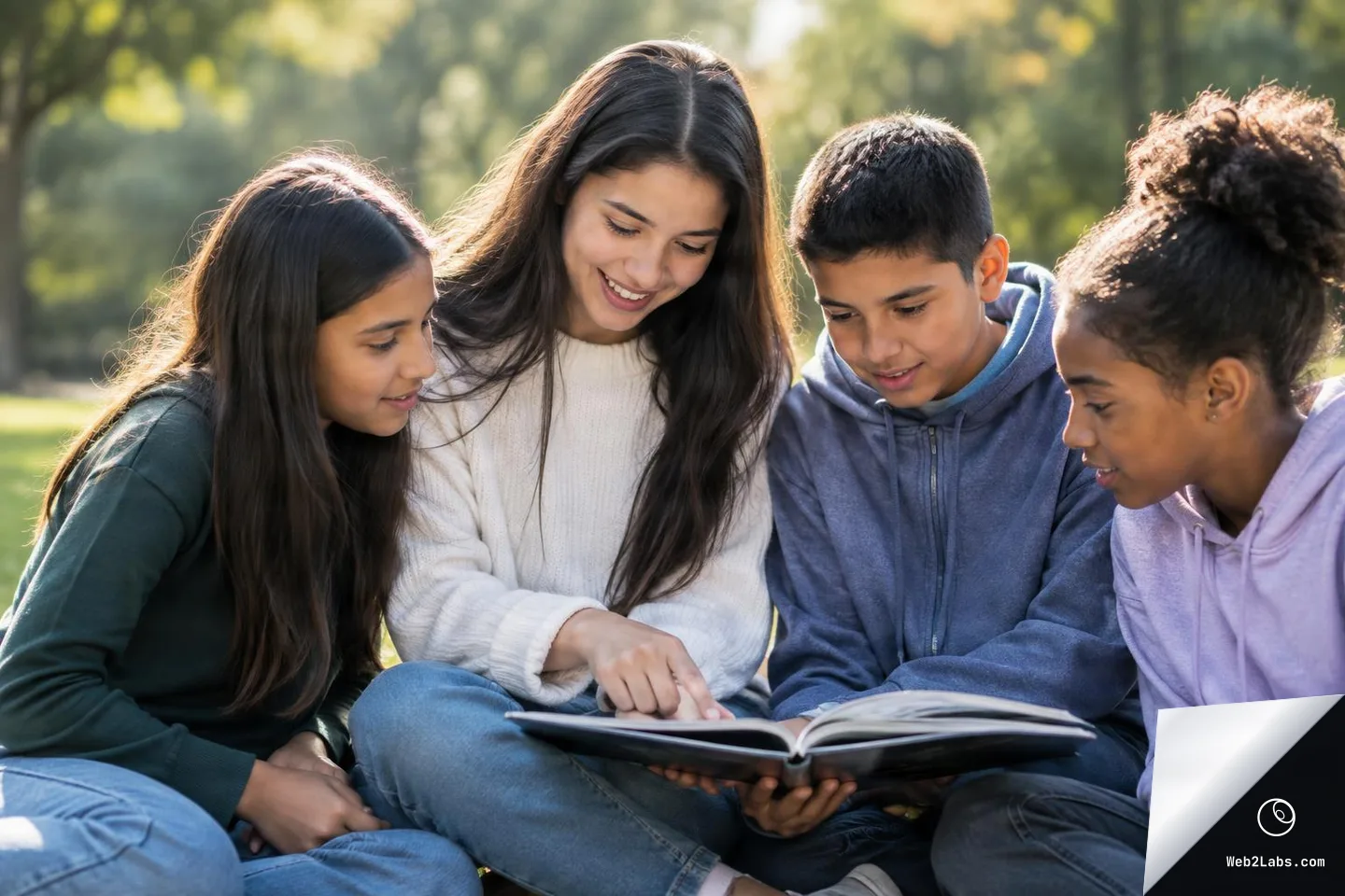 Four teenagers sit closely together on grass in a park, smiling and looking down at an open book as one points to a page.