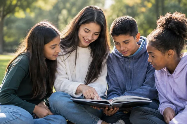 Friends Sharing a Book Outdoors