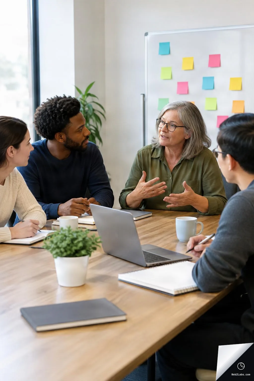 Four coworkers in a meeting room sit around a wooden table as an older woman speaks and gestures, with a laptop, notebooks, coffee mugs, and a whiteboard covered in colorful sticky notes behind them.