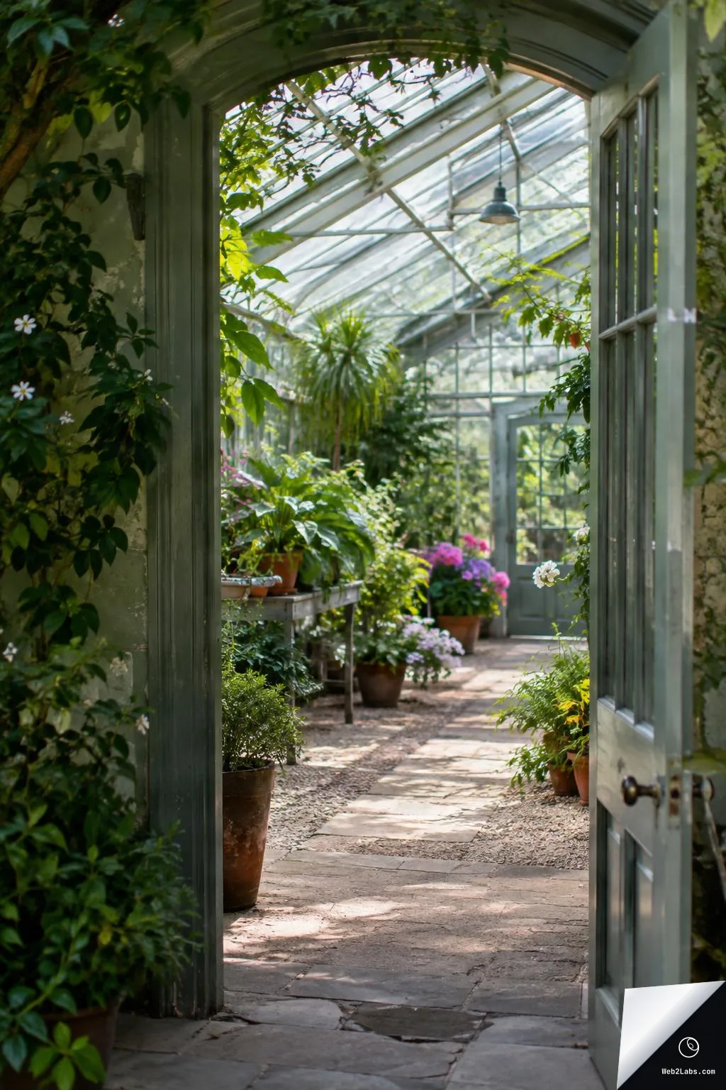 View through an open greenhouse door into a bright glasshouse with a stone walkway, potted plants and flowers, and a hanging light under the glass roof.