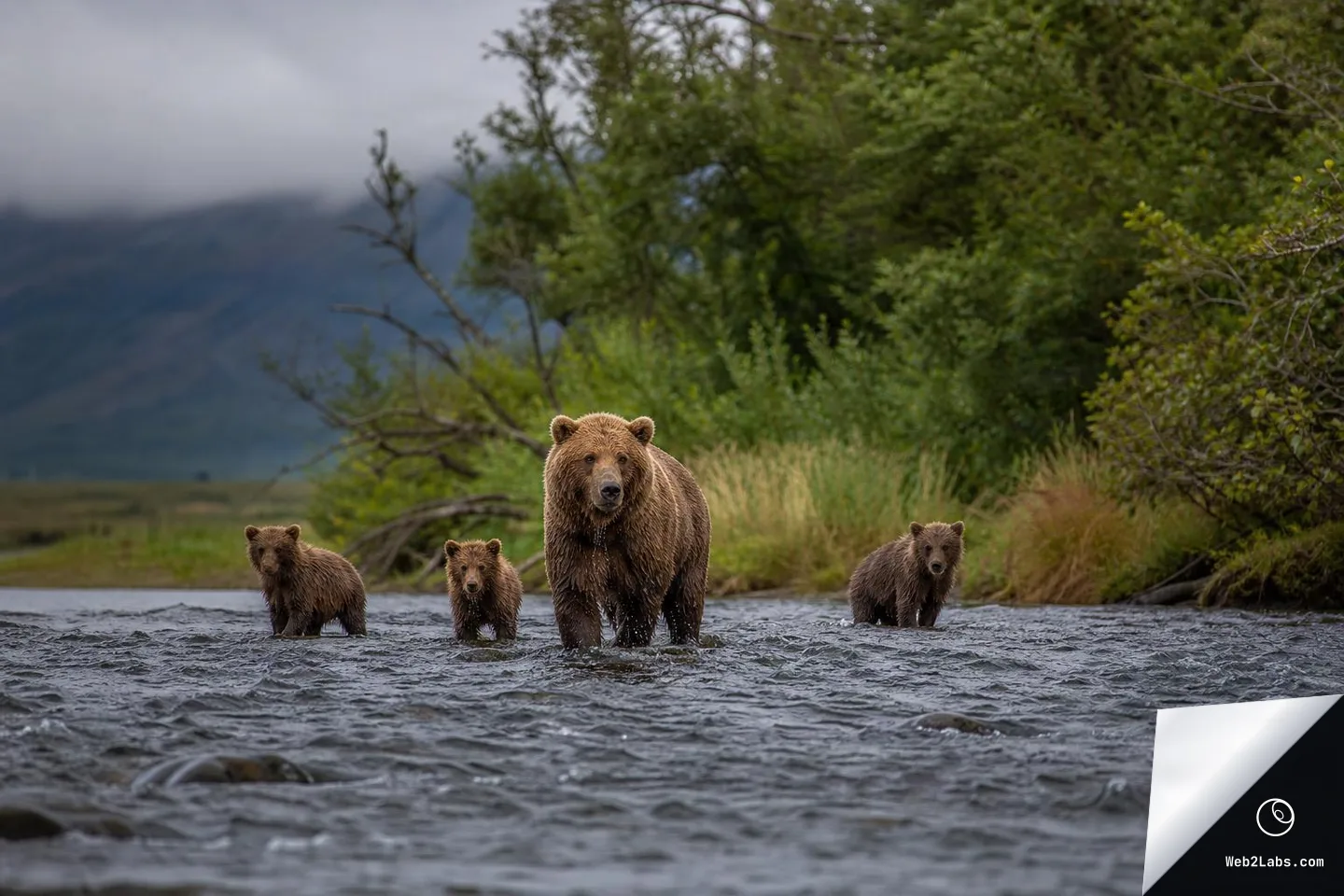 A grizzly bear mother stands in a shallow river facing the camera while three cubs wade nearby, with green shrubs and trees along the bank and misty mountains in the background.