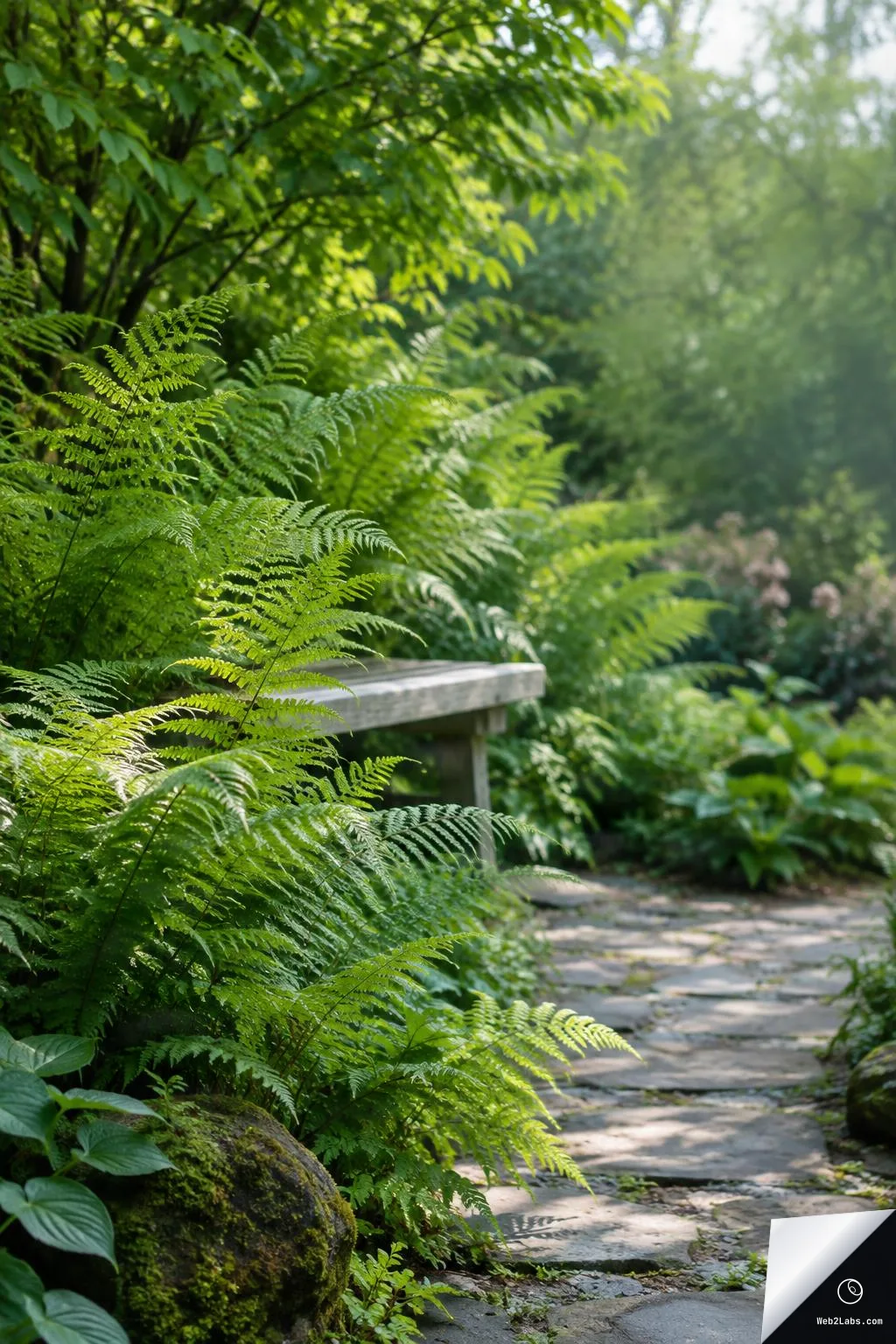 Vertical photo of a shaded garden path made of stone slabs, with dense green ferns and a small wooden bench on the left, and soft blurred foliage creating open space on the right.