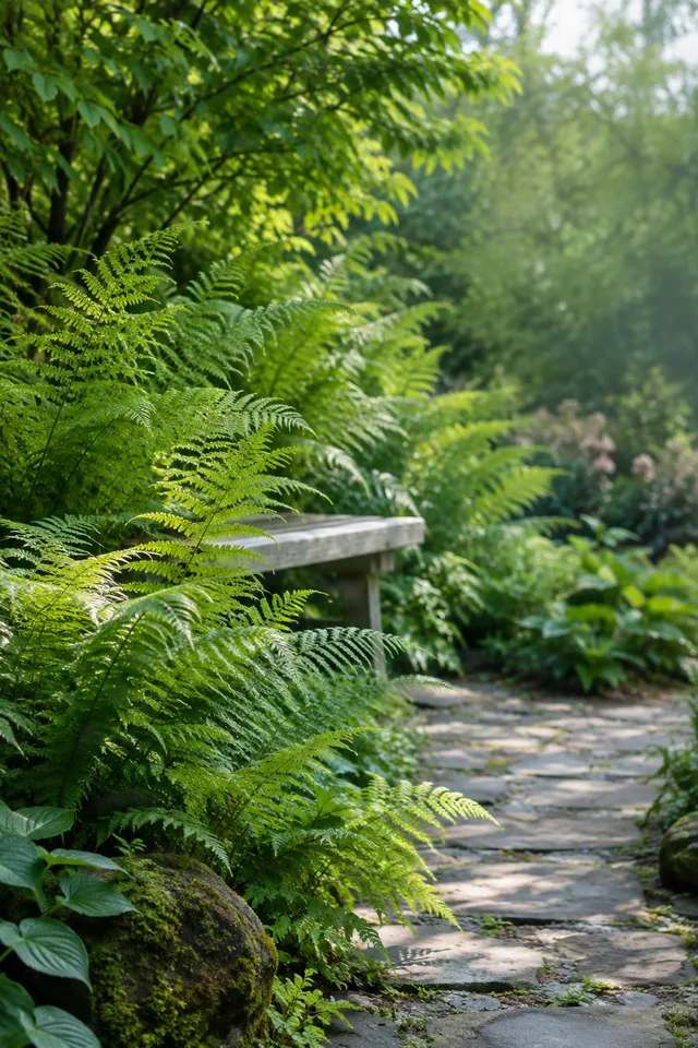 Fern Garden Path With Bench