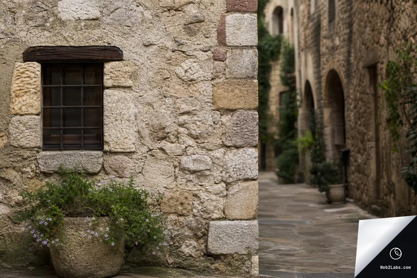 A textured stone wall with a small dark barred window and a potted plant in the foreground, with a narrow old-town stone alley and arched doorways softly blurred in the background.
