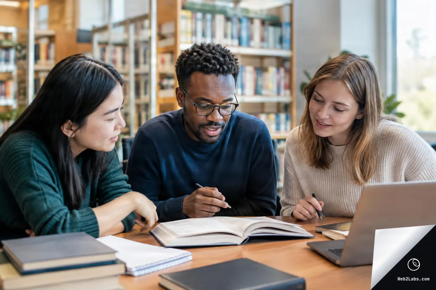 Three students sit at a library table collaborating over an open book, holding pens, with a laptop and stacked books in the foreground and bookshelves behind them.