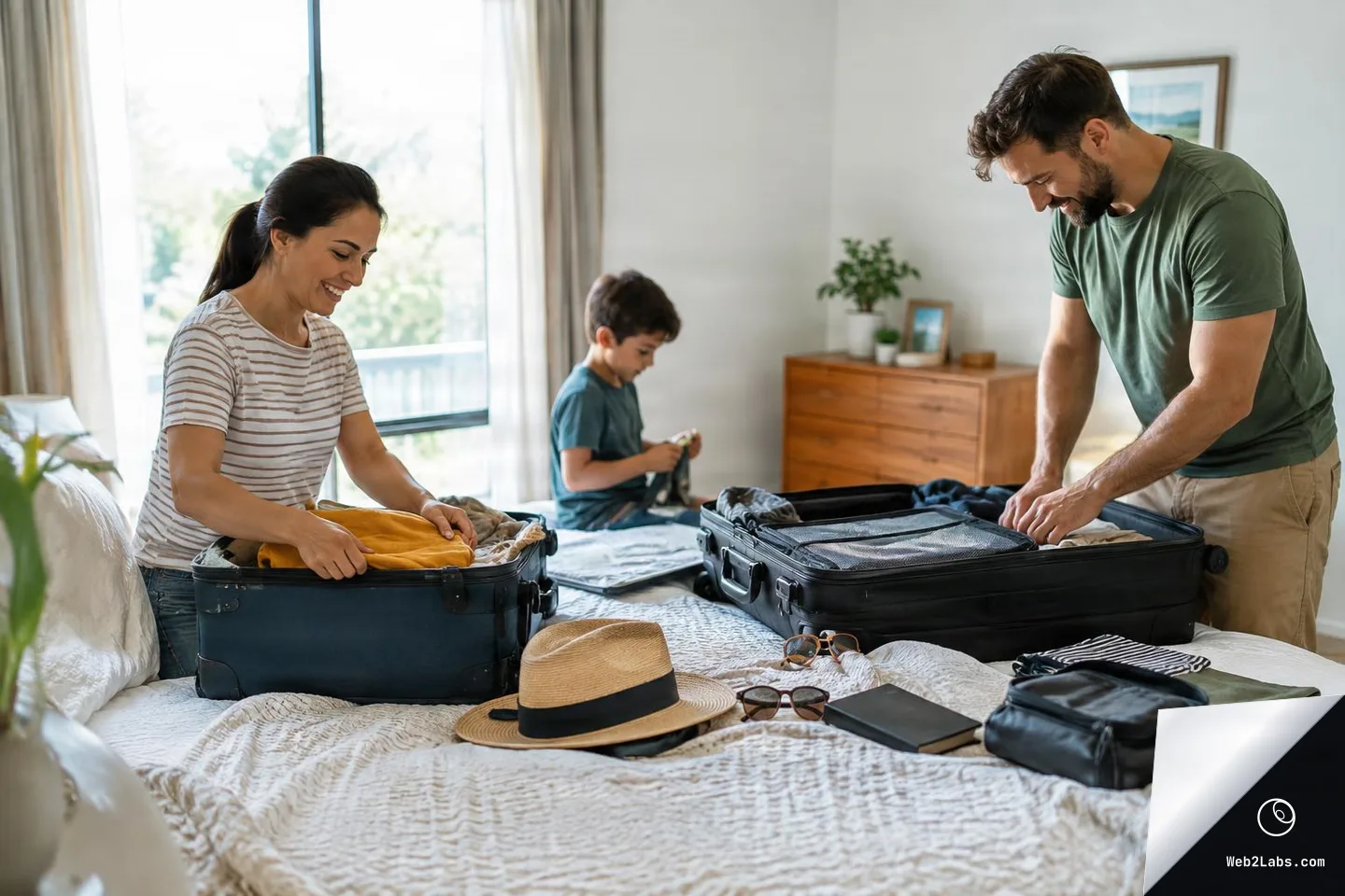 A man and woman pack clothes into open suitcases on a bed in a bright bedroom while a child sits behind them holding clothing; travel items like a hat, sunglasses, a book, and a toiletry bag are on the bed.