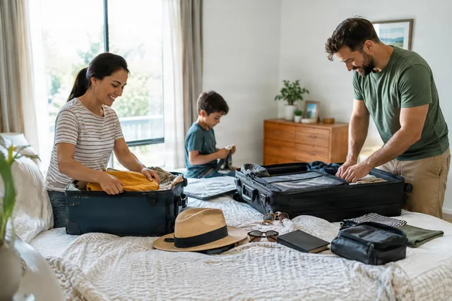 Family Packing Suitcases on Bed