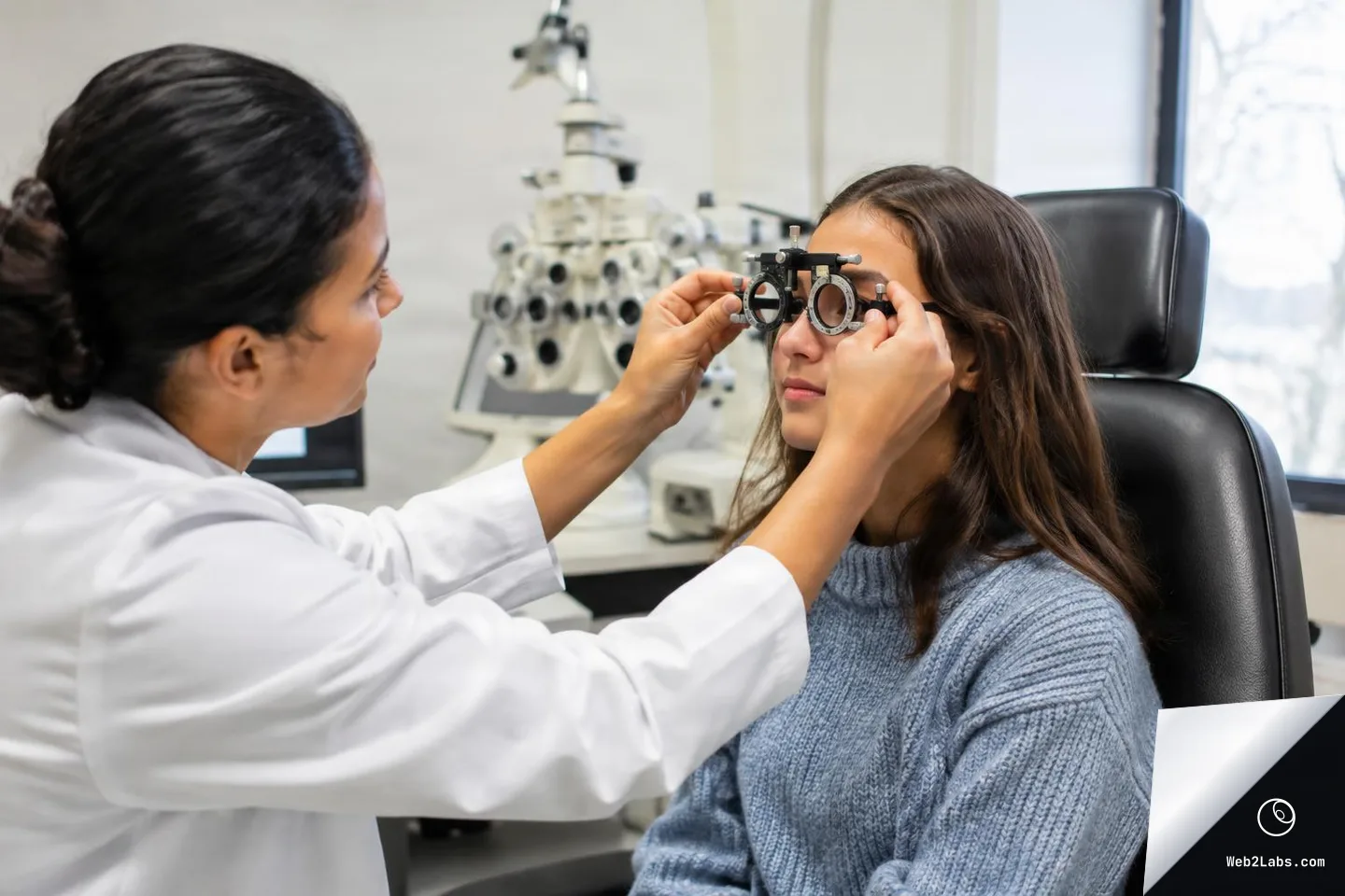 An optometrist in a white coat adjusts a trial lens frame on a young woman seated in an eye exam chair, with optometry equipment blurred in the background.