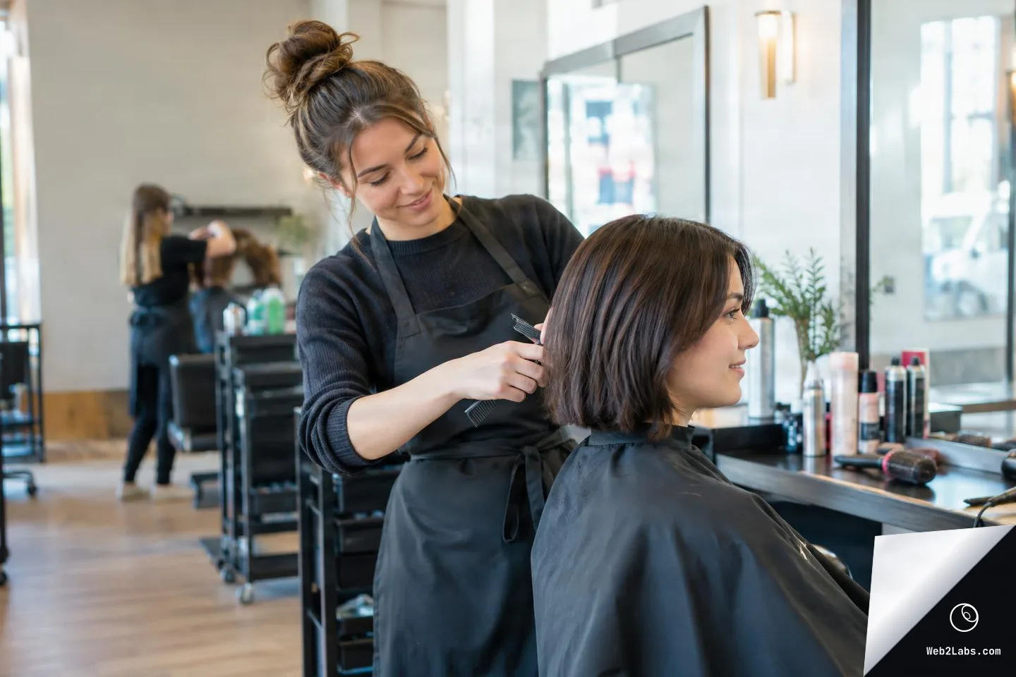 A hairstylist in a black apron works on a seated client with a short bob haircut in a bright modern hair salon, with mirrors and hair products on the counter.