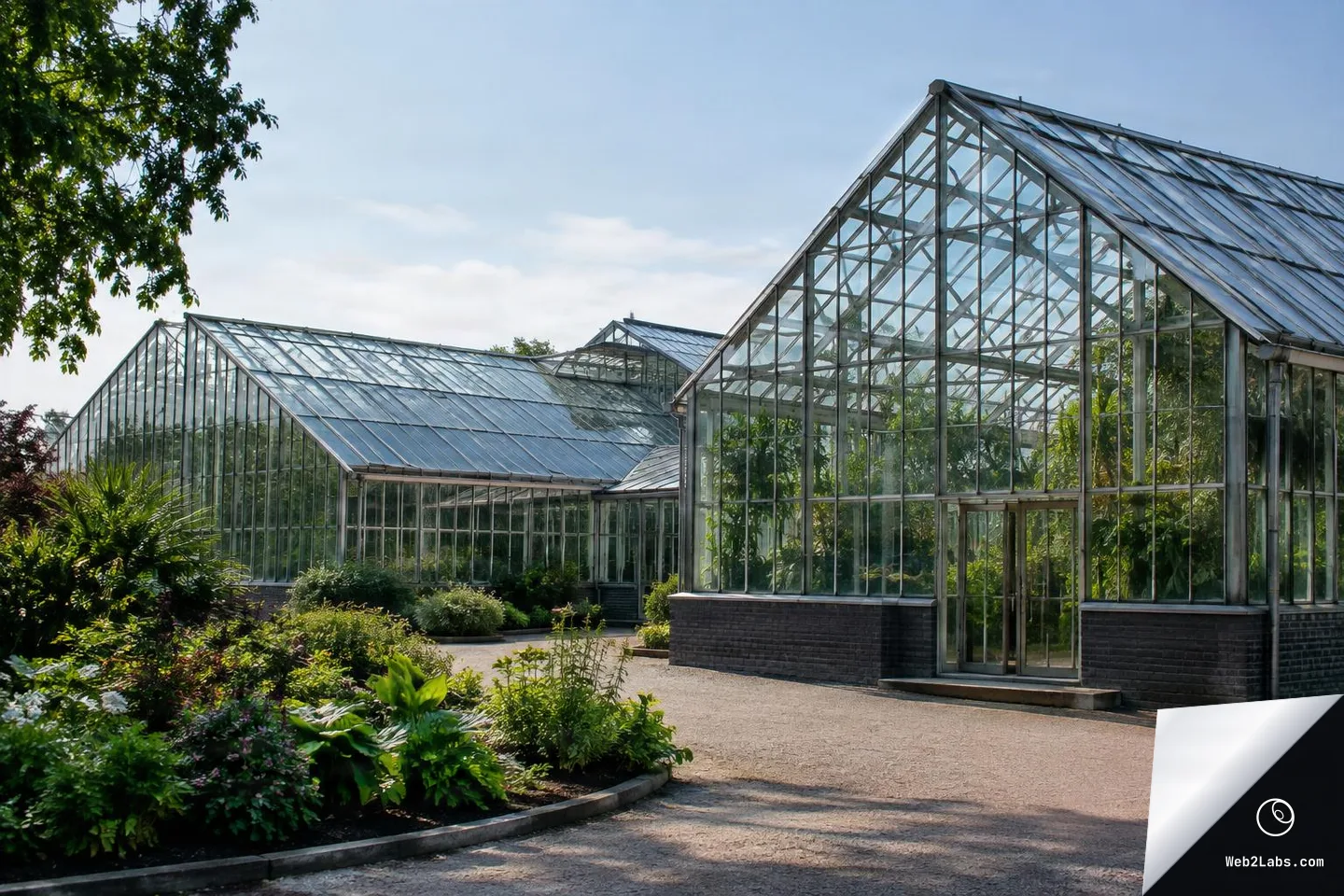 Wide shot of multiple glass greenhouses with metal frames beside a curved path and lush garden plants under a blue sky.