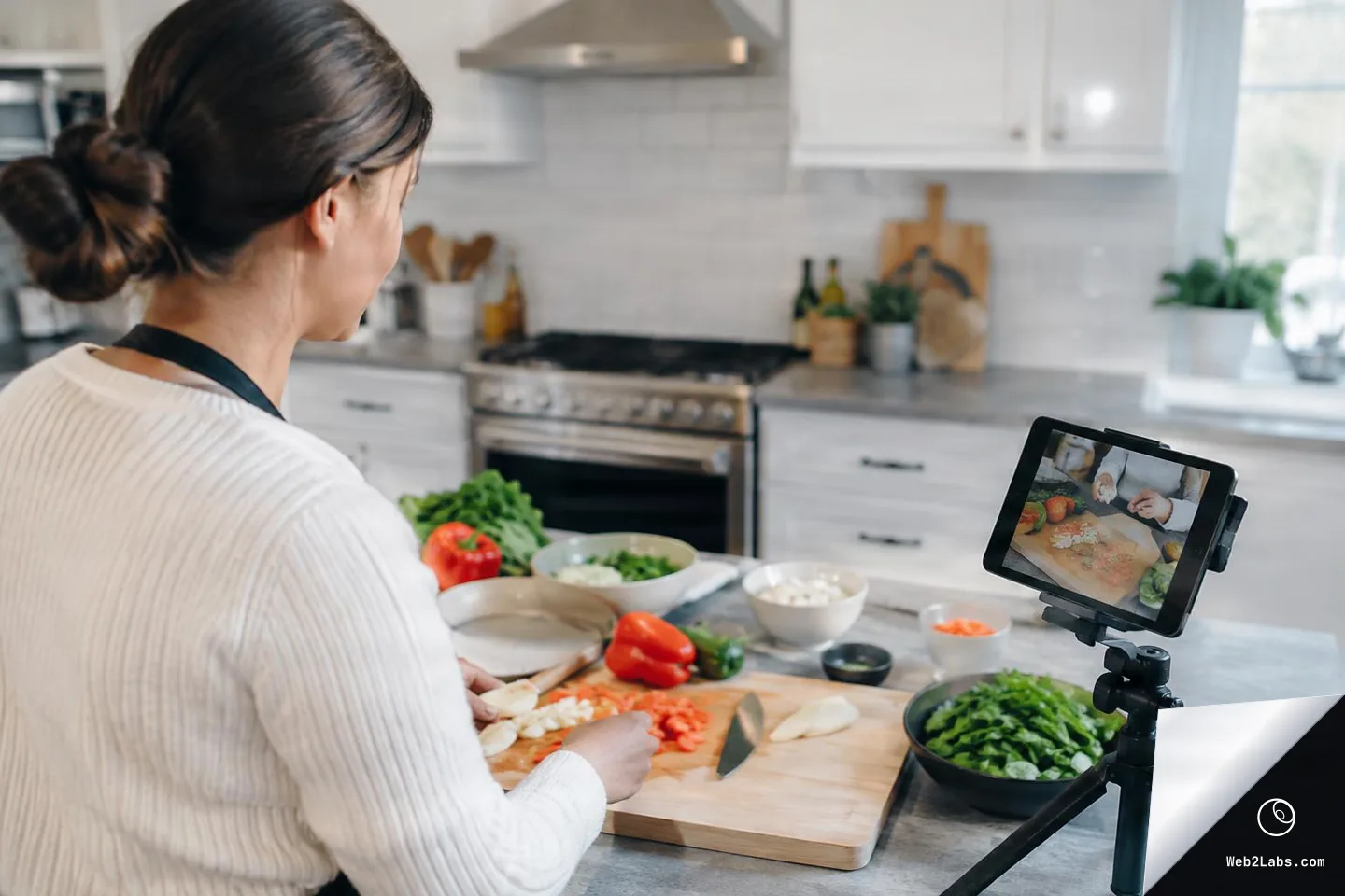 Woman seen from behind chopping vegetables on a cutting board in a bright home kitchen while a tablet on a tripod records the cooking prep.