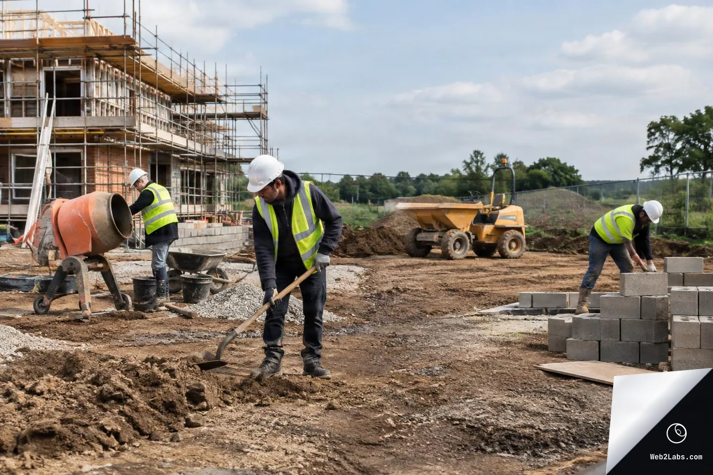Three construction workers in hard hats and high-visibility vests work on a muddy building site near a cement mixer, scaffolding, a small dump truck, and stacks of concrete blocks under a cloudy sky.