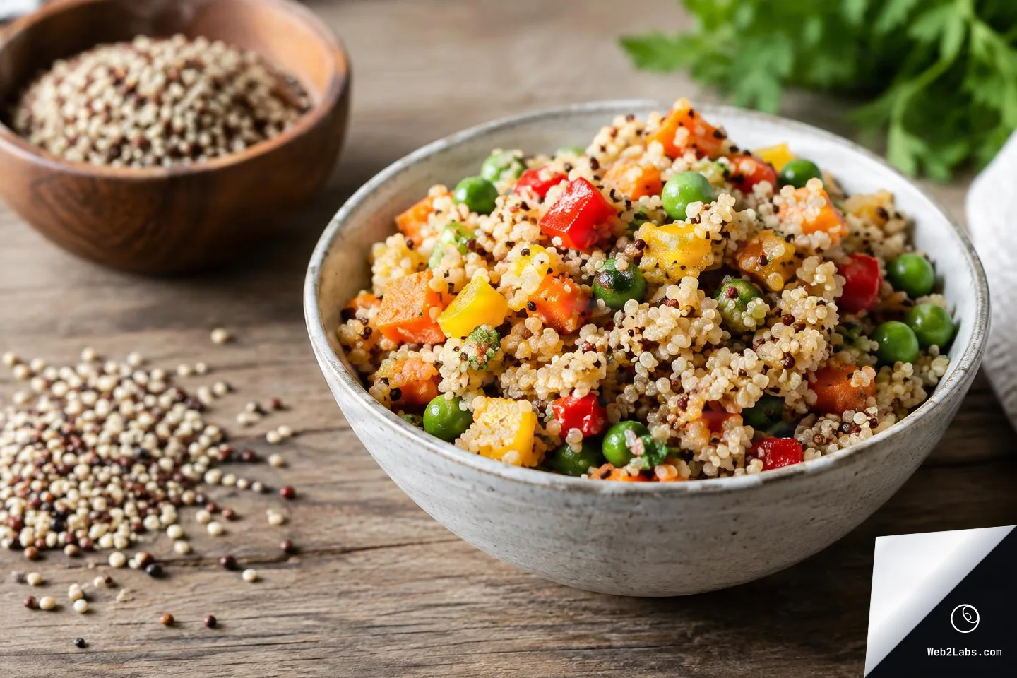 Close-up of a bowl of quinoa mixed with peas and diced red, yellow, and orange vegetables on a wooden table, with a blurred bowl of dry grains in the background.