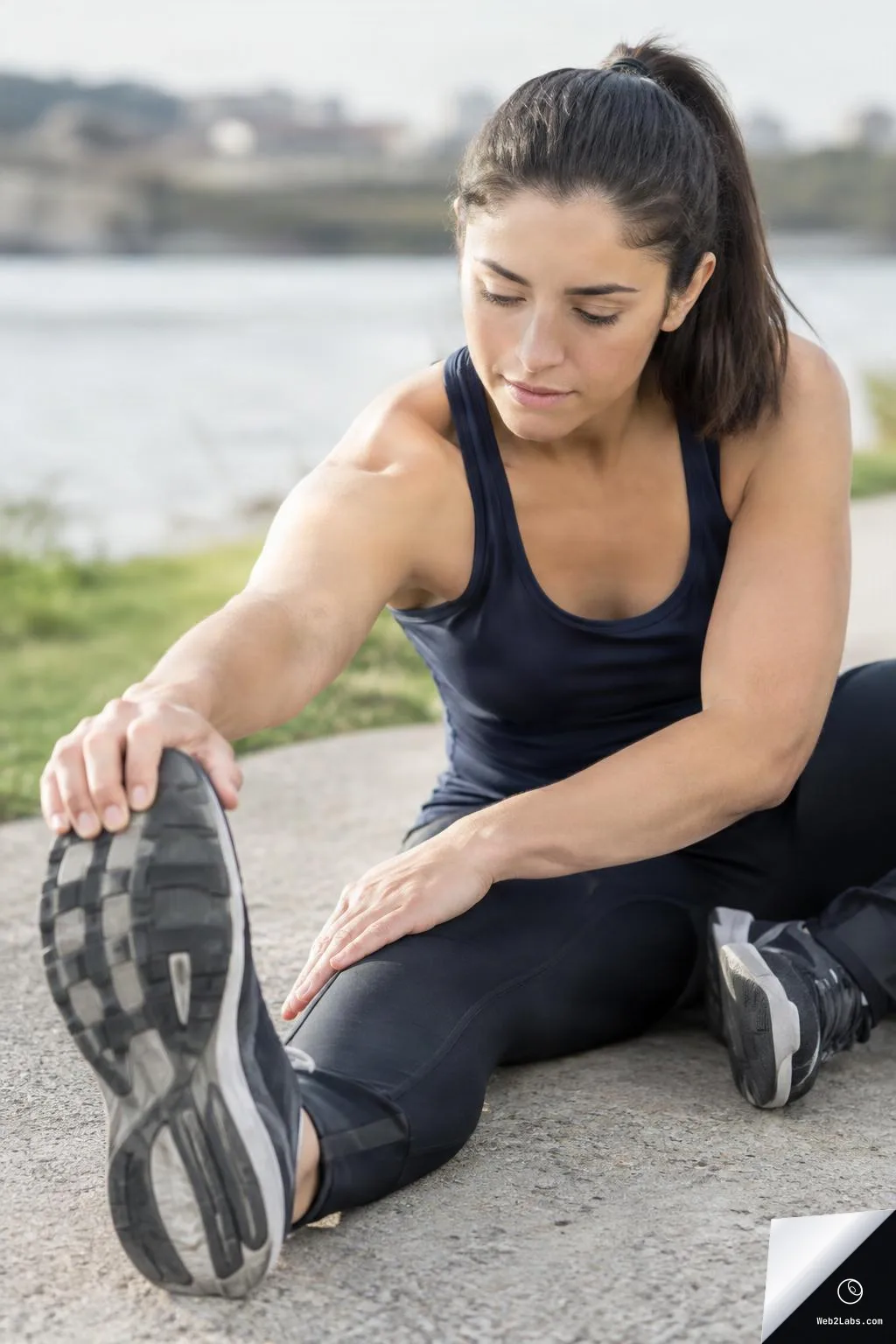 Woman in a navy workout outfit sits on a paved path near water, stretching one leg forward and reaching toward her shoe in a close-up view.