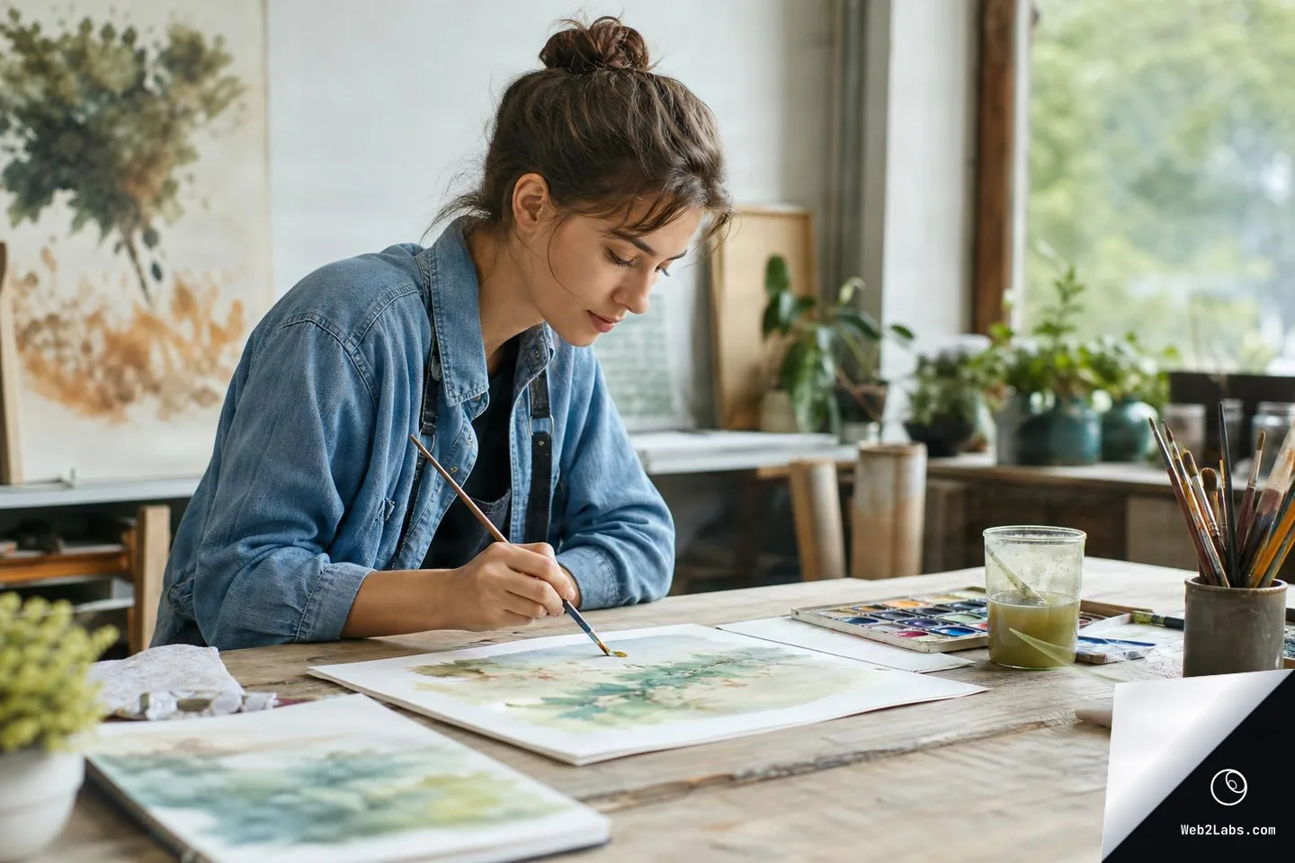 Woman seated at a wooden table in a bright studio, painting a watercolor landscape on paper with a brush, with a watercolor palette, jars, and brushes nearby.