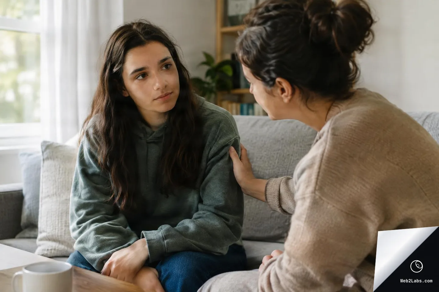 Two women sit on a living room sofa in soft daylight; one listens while the other leans in and places a hand on her shoulder in a supportive gesture.