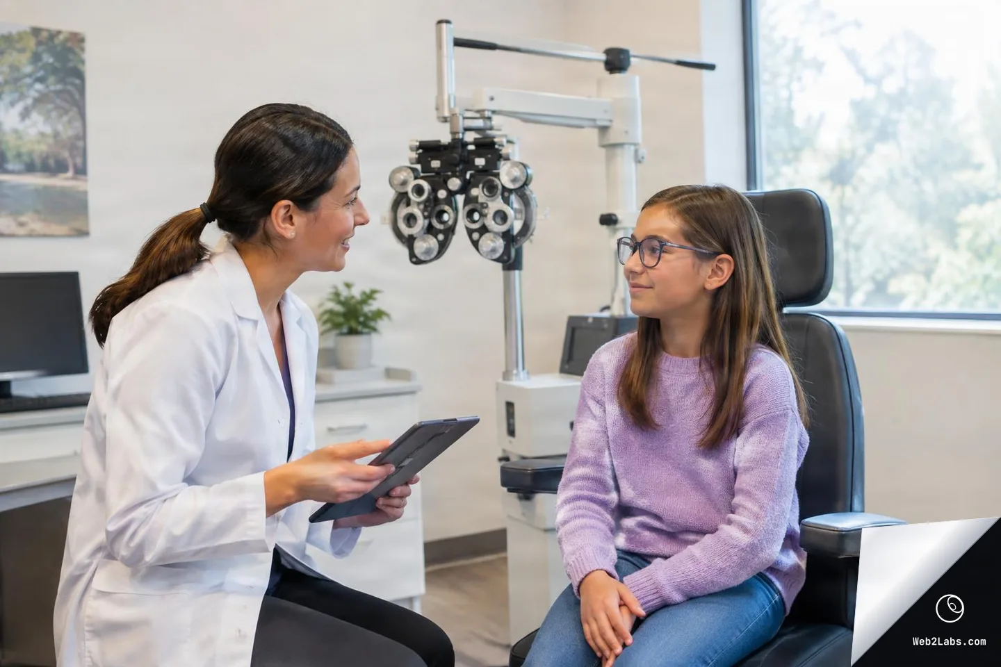 Optometrist in a white coat talks with a young girl wearing glasses seated in an eye exam chair, with a phoropter machine in the background and a bright window to the right.