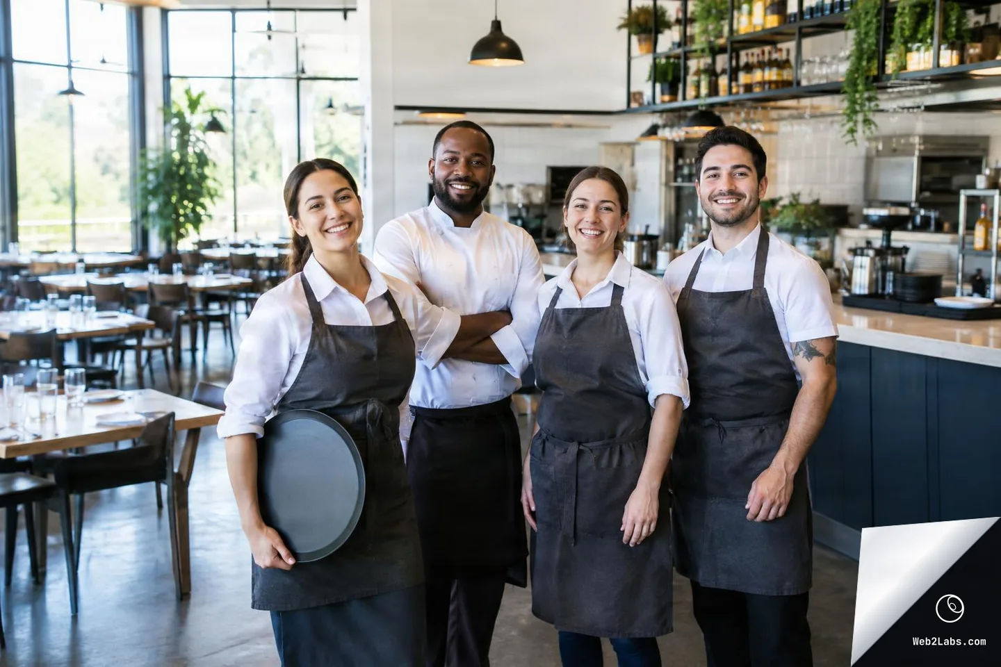 Four restaurant staff members in aprons and a chef coat smile at the camera in a bright, modern dining room with tables, large windows, and a bar shelf behind them.
