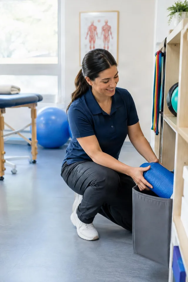 Physiotherapist Tidying Equipment Shelf