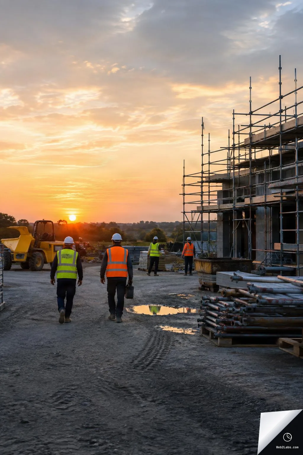 Four construction workers in hard hats and high-visibility vests walk across a muddy building site at sunset, with scaffolding on a partly built structure to the right and a yellow dumper vehicle to the left.