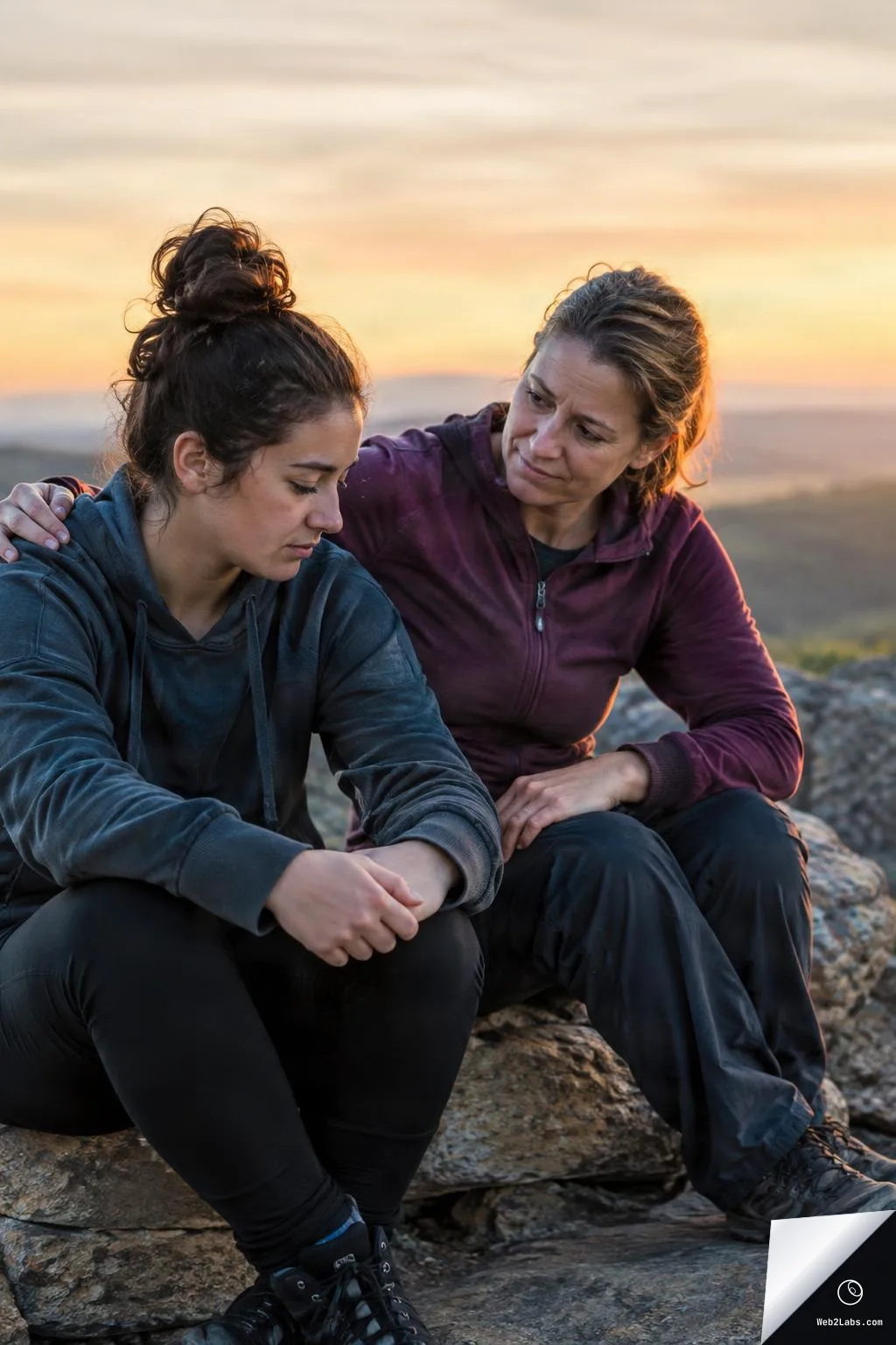 Two women sit on rocky ground at sunset; the older woman gently rests her arm around the younger woman, who looks down with a thoughtful, sad expression.