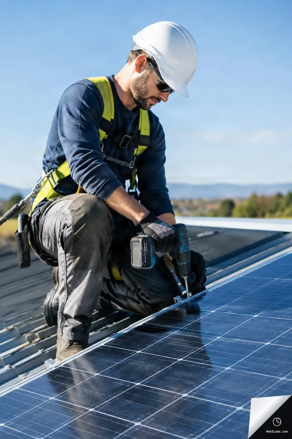 Rooftop solar installer wearing a hard hat and safety harness kneels beside solar panels and uses a cordless drill to fasten mounting hardware under a clear blue sky.