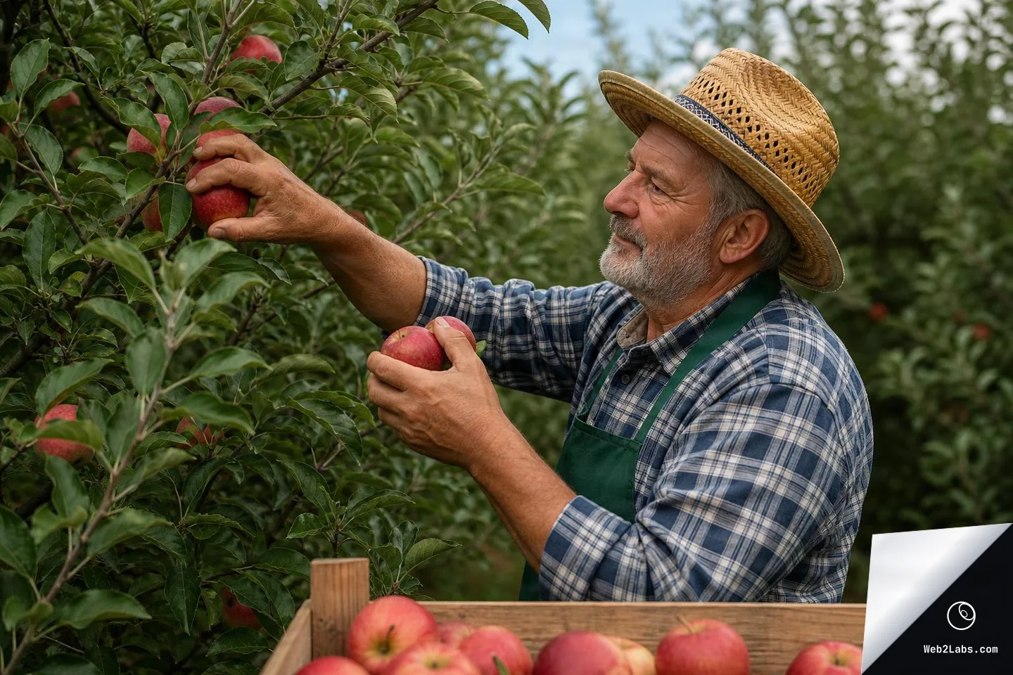 Older man in a straw hat and green apron picks a red apple from a tree in an orchard, holding another apple in his other hand, with a wooden crate of apples in the foreground.