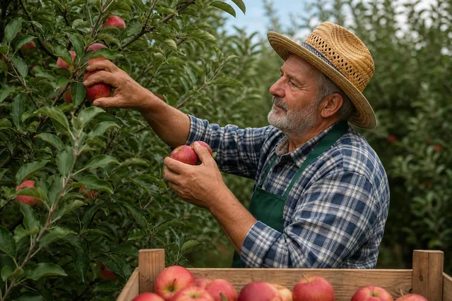 Farmer Picking Apples in Orchard
