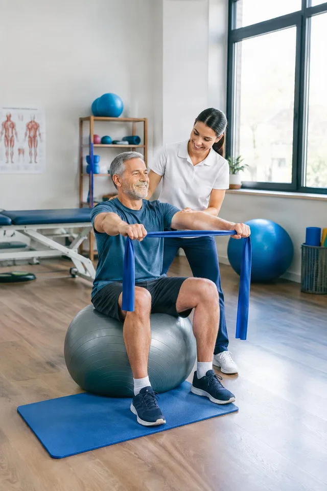 Physiotherapist Assisting Senior Exercise