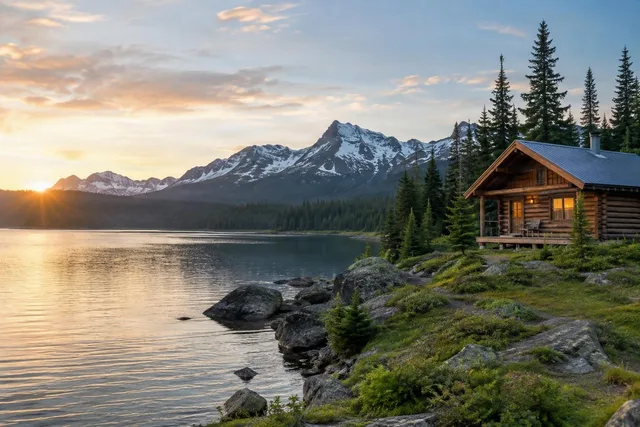 Lakeside Log Cabin at Sunset