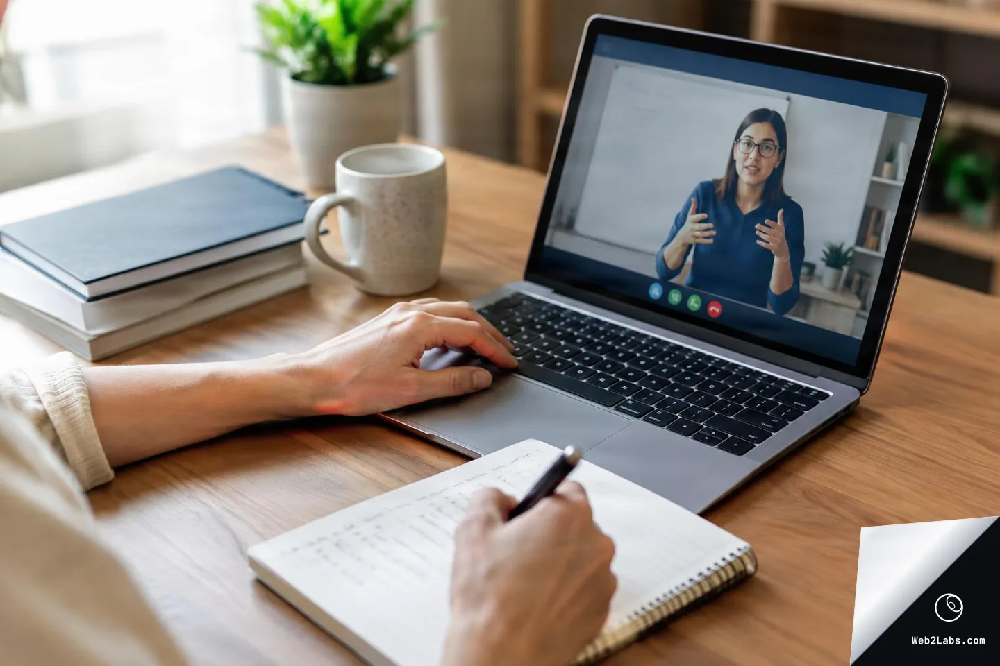 Hands writing in a notebook beside an open laptop showing a woman speaking in a video call, with a mug and stacked books on a wooden desk.