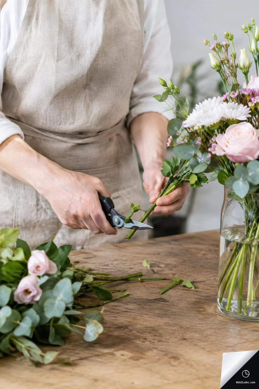 Person in a linen apron trims green flower stems with pruning shears over a wooden table beside a glass vase holding a mixed bouquet of pink and white flowers.