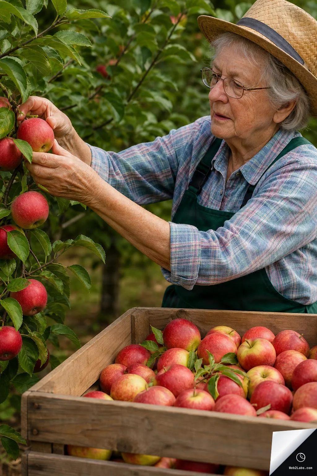 Elderly woman in a straw hat and apron picks a red apple from a tree in an orchard, with a wooden crate of harvested apples in the foreground.