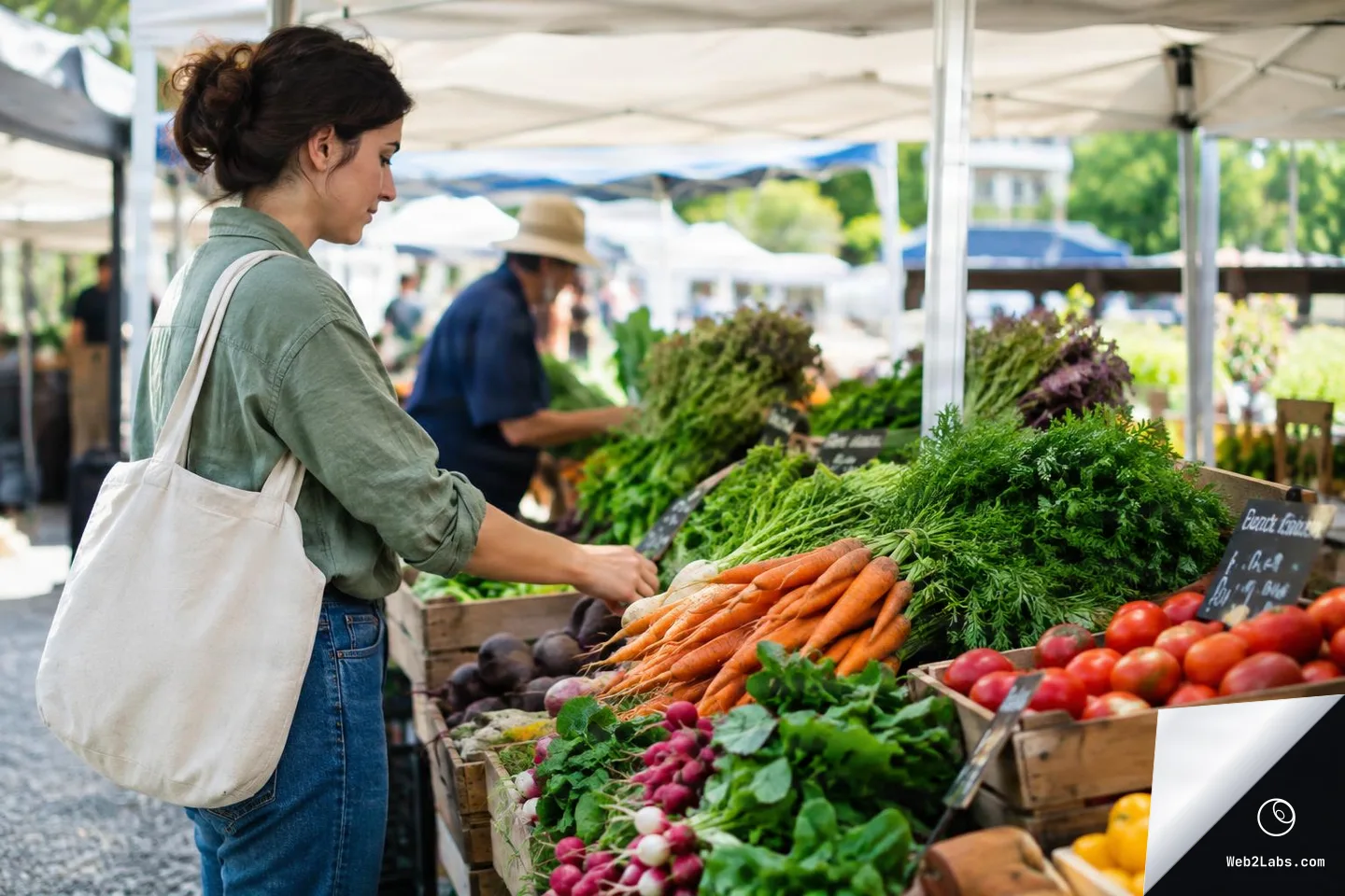 Side view of a woman with a tote bag choosing vegetables at an outdoor farmers market stall with carrots, tomatoes, radishes, and leafy greens in wooden crates under white canopy tents.