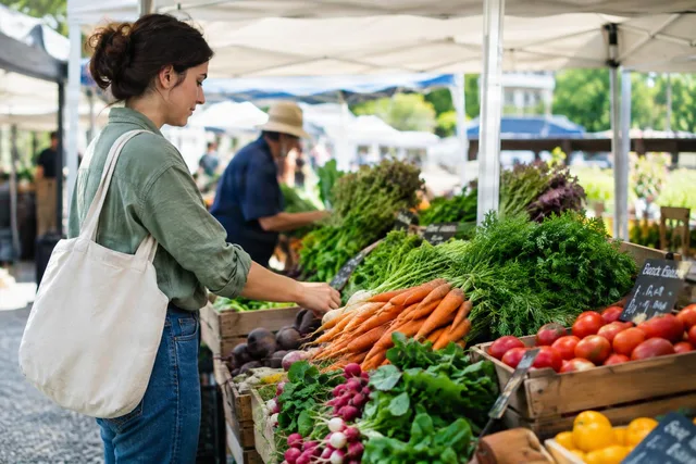 Woman Shopping at Farmers Market Stall