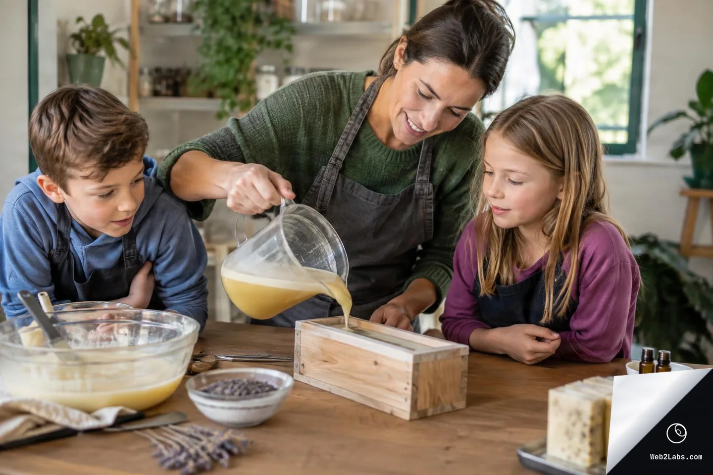 An adult wearing an apron pours a yellow soap mixture from a measuring jug into a wooden loaf mold while a boy and a girl watch at a kitchen table with mixing bowls, essential oil bottles, and finished soap bars.