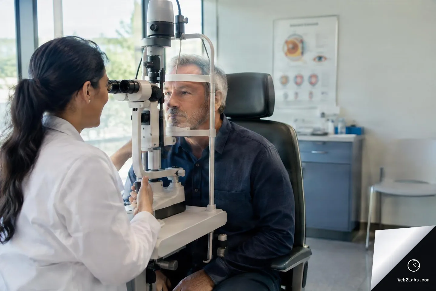 Optometrist in a white coat performs a slit lamp eye examination on an older man seated in an exam chair in a bright eye clinic.