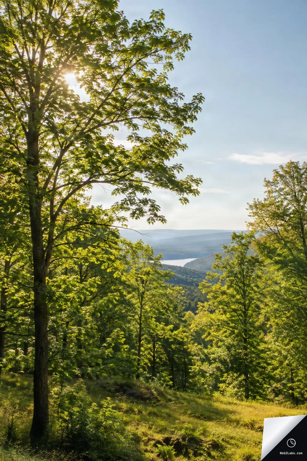 Sunlight shining through green tree branches on a hillside, with a distant lake and layered hills under a clear blue sky.