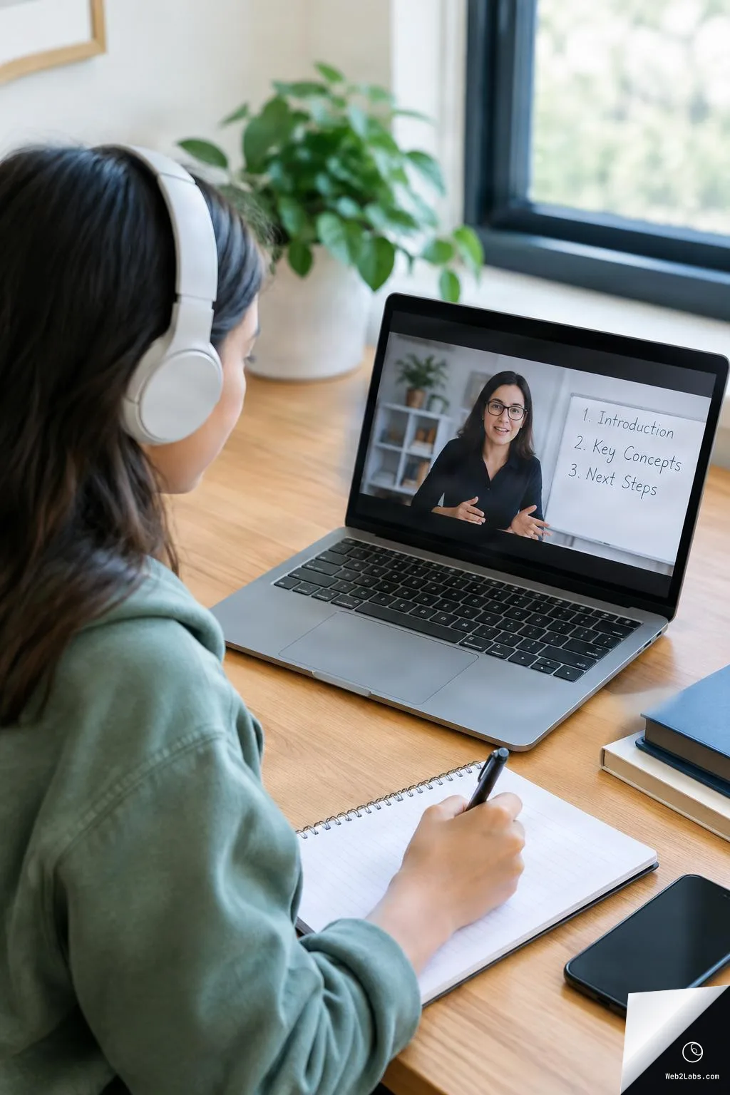 Person wearing white headphones writes in a notebook at a wooden desk while watching an online lesson on a laptop, with a plant and window in the background.
